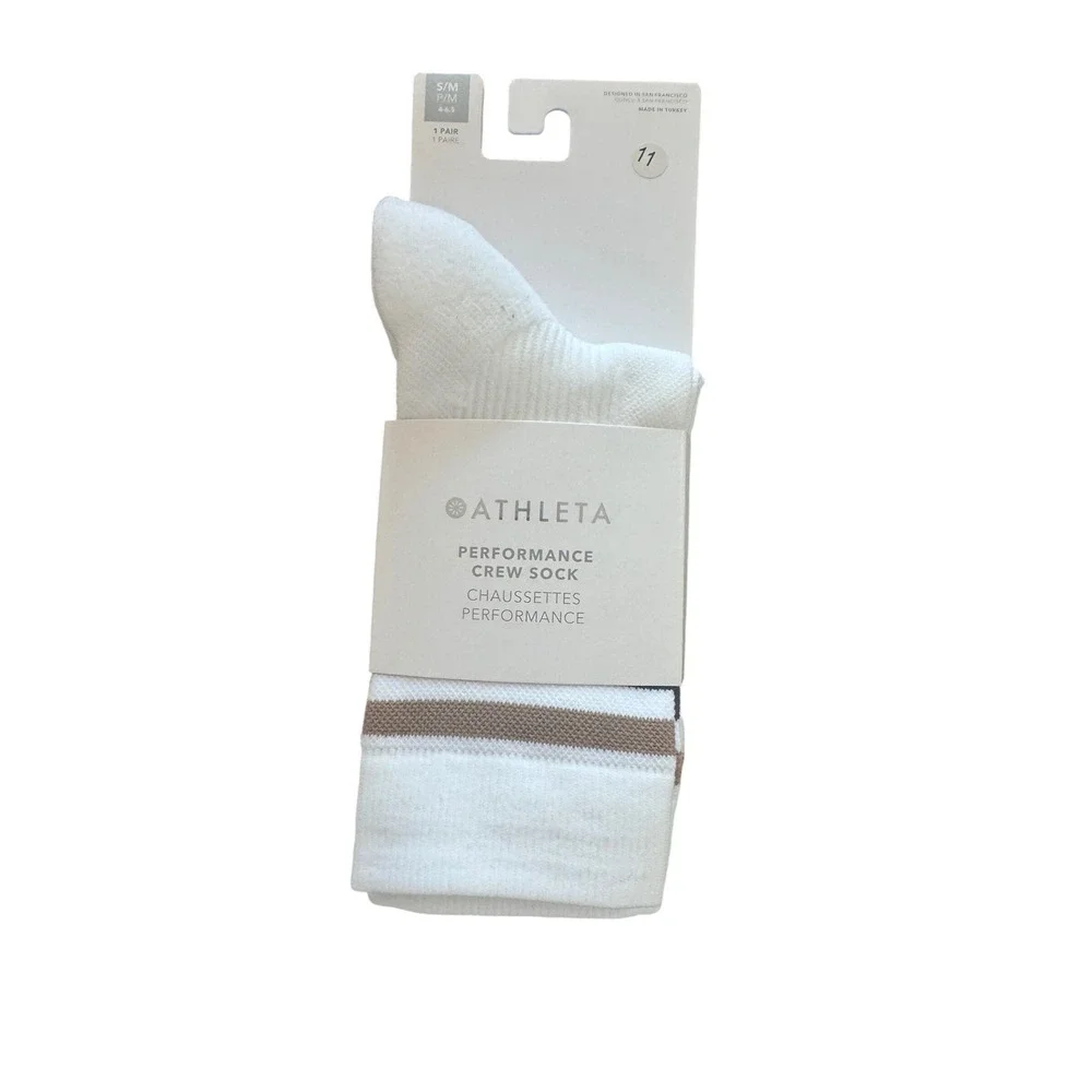 Athleta Performance Crew Sock Small/Medium White Striped Athletic Socks NWT